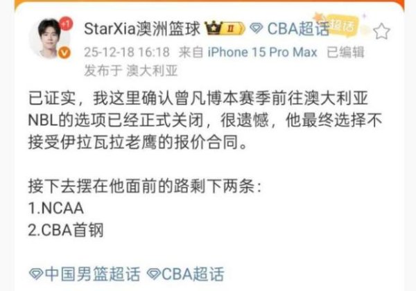 曾凡博终止NBL底薪条约，下一步重回来钢队或冲击NCAA