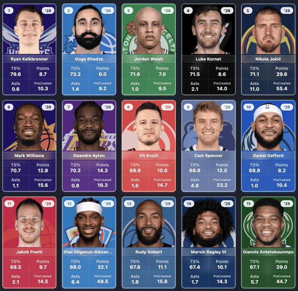 本赛季最高效得离婚:约基奇、艾顿、亚历山大、字母哥上榜